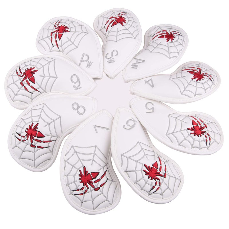 Golf Builder 9pcs/Set Spider Embroidery White Golf Iron Club Head Covers 4-9,Pw,Sw,Aw Fits Right Hand - Image 2